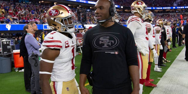 Jimmie Ward, #1, and San Francisco 49ers defensive coordinator DeMeco Ryans on the sidelines during the game against the Los Angeles Rams at SoFi Stadium on Jan. 30, 2022 in Inglewood, California.