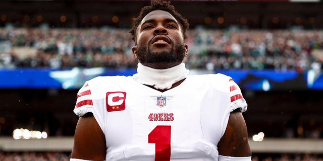 Jimmie Ward, #1 of the San Francisco 49ers, stands on the sidelines during the national anthem prior to the NFC Championship NFL football game against the Philadelphia Eagles at Lincoln Financial Field on Jan. 29, 2023 in Philadelphia.