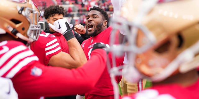 Jimmie Ward, #1 of the San Francisco 49ers, leads the pregame huddle against the Tampa Bay Buccaneers at Levi's Stadium on Dec. 11, 2022 in Santa Clara, California.