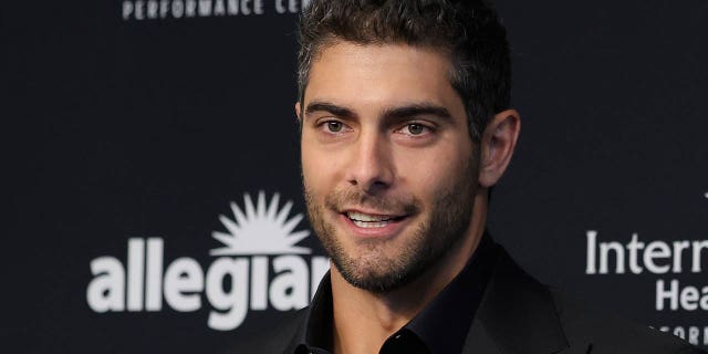 Quarterback Jimmy Garoppolo is introduced at the Las Vegas Raiders Headquarters/Intermountain Healthcare Performance Center on March 17, 2023 in Henderson, Nevada.