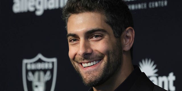 Jimmy Garoppolo is introduced at the Las Vegas Raiders facility in Henderson, Nevada.