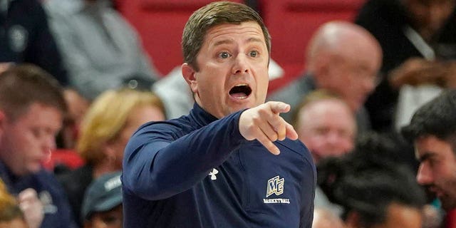 Head Coach Joe Gallo of the Merrimack Warriors during the game against the St. John's Red Storm at Carnesecca Arena on November 7, 2022 in Queens, New York.