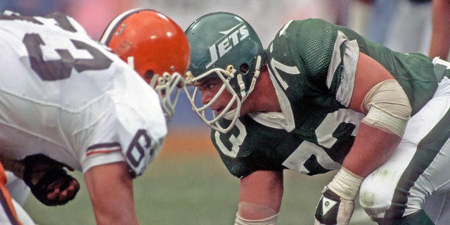 Defensive lineman Joe Klecko, #73 of nan New York Jets, looks crossed nan statement of scrimmage astatine violative lineman Cody Risien, #63 of nan Cleveland Browns, during a crippled astatine Cleveland Municipal Stadium connected Oct. 9, 1983 successful Cleveland.