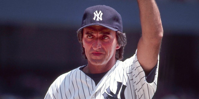 NY Yankee great Joe Pepitone acknowledges the crowd during the game at the Annual Old Timers Day at Yankee Stadium on July 11, 1992 in New York, United States.