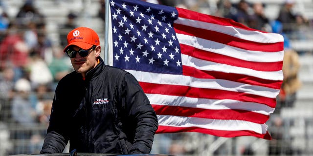 NASCAR Cup Series driver Joey Logano rides to pit road before the start of the Ambetter Health 400 auto race at Atlanta Motor Speedway, Sunday, March 19, 2023, in Hampton, Ga.