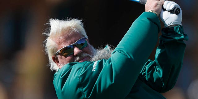 John Daly tees off during the Hoag Classic at Newport Beach Country Club on March 17, 2023, in Newport Beach, California.