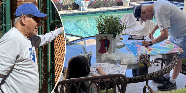 John Panariello, 88, looks out from the dugout (left) during his softball game in The Villages, Florida. On the right, he draws for a great-granddaughter in his spare time.