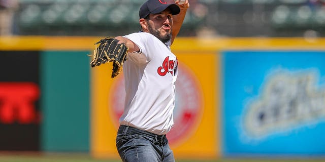 Cleveland native and NXT Champion Johnny Gargano throws a ceremonial pitch prior to the match between the Miami Marlins and the Cleveland Indians on April 24, 2019, at Progressive Field in Cleveland.