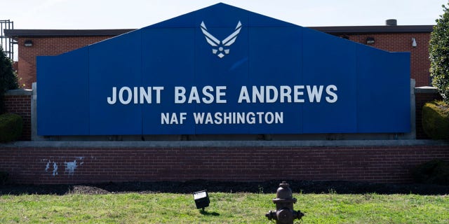 FILE: The sign for Joint Base Andrews is seen on March 26, 2021, at Andrews Air Force Base, Md.