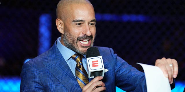 Jon Anik anchors the broadcast during the UFC 284 event at RAC Arena on Feb. 12, 2023, in Perth, Australia.