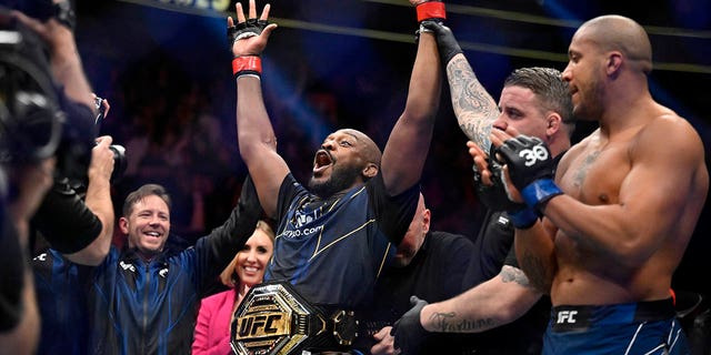 Jon Jones celebrates after defeating Ciryl Gane in a UFC 285 mixed martial arts heavyweight title fight on Saturday, March 4, 2023, in Las Vegas.