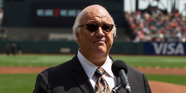 Hall of Fame broadcaster Jon Miller announces the lineups before the game between the San Francisco Giants and Los Angeles Dodgers at AT&T Park on April 7, 2016 in San Francisco, California.  The San Francisco Giants defeated the Los Angeles Dodgers 12-6.