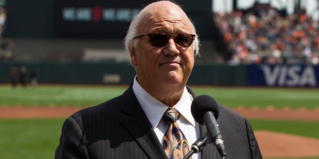 Hall of Fame broadcaster Jon Miller announces the lineups before the game between the San Francisco Giants and the Los Angeles Dodgers at AT&T Park on April 7, 2016 in San Francisco, California. The San Francisco Giants defeated the Los Angeles Dodgers 12-6.