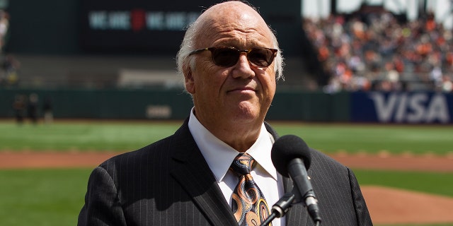 Hall of Fame broadcaster Jon Miller announces the lineups before the game between the San Francisco Giants and the Los Angeles Dodgers at AT&amp;T Park on April 7, 2016 in San Francisco, California. The San Francisco Giants defeated the Los Angeles Dodgers 12-6.