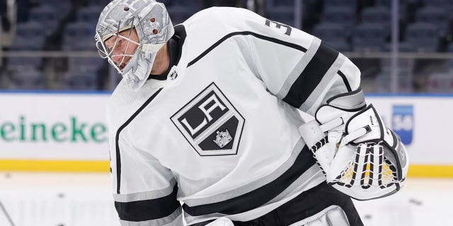 Jonathan Quick, #32 of the Los Angeles Kings, skates during warmups before a game against the New York Islanders at UBS Arena on Feb. 24, 2023 in Elmont, New York.