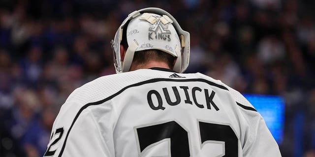 Jonathan Quick, #32 of the Los Angeles Kings, against the Tampa Bay Lightning during the second period at Amalie Arena on January 28, 2023 in Tampa, Florida. 