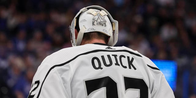 Jonathan Quick, #32 of the Los Angeles Kings, against the Tampa Bay Lightning during the second period at Amalie Arena on January 28, 2023 in Tampa, Florida. 