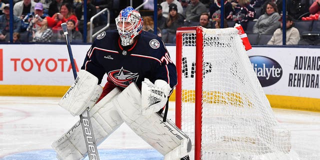 Columbus Blue Jackets goaltender Joonas Korpisalo, #70, defends the net during the second period of a game against the Edmonton Oilers at Nationwide Arena on February 25, 2023 in Columbus, Ohio.