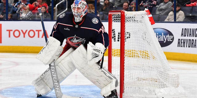 Columbus Blue Jackets goaltender Joonas Korpisalo, #70, defends the net during the second period of a game against the Edmonton Oilers at Nationwide Arena on February 25, 2023 in Columbus, Ohio.