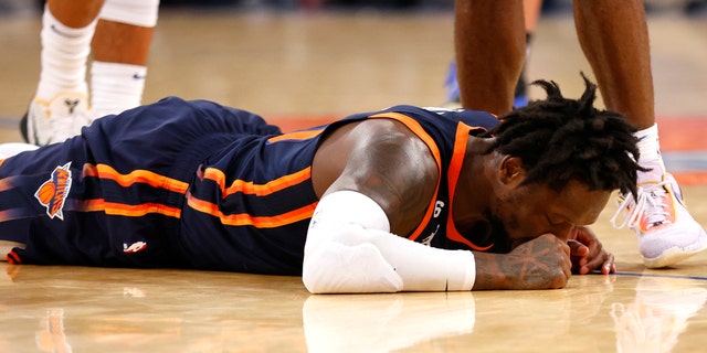 New York Knicks forward Julius Randle (30) reacts after committing a foul against the Minnesota Timberwolves during the second half of an NBA basketball game, Monday, March 20, 2023, in New York.