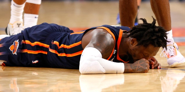 New York Knicks forward Julius Randle (30) reacts after committing a foul against the Minnesota Timberwolves during the second half of an NBA basketball game, Monday, March 20, 2023, in New York.