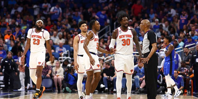 Julius Randle (30) of the New York Knicks reacts against the Orlando Magic during the second quarter at Amway Center on March 23, 2023, in Orlando, Fla.