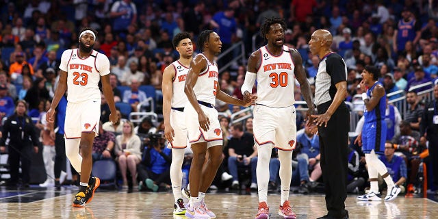 Julius Randle (30) of the New York Knicks reacts against the Orlando Magic during the second quarter at the Amway Center on March 23, 2023 in Orlando, Florida.