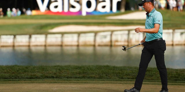 Justin Thomas walks across the 12th green during the second round of the Valspar Championship at Innisbrook Resort and Golf Club on March 17, 2023 in Palm Harbor, Florida.
