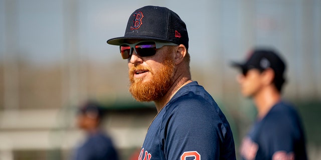 Justin Turner of the Boston Red Sox during a spring training workout on Feb.  23, 2023, at JetBlue Park at Fenway South in Fort Myers, Florida.