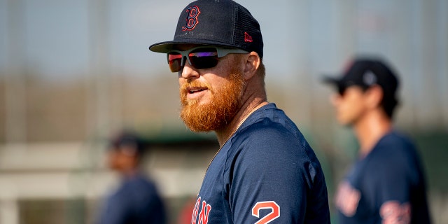 Justin Turner of the Boston Red Sox during a spring training workout on Feb. 23, 2023, at JetBlue Park at Fenway South in Fort Myers, Florida.