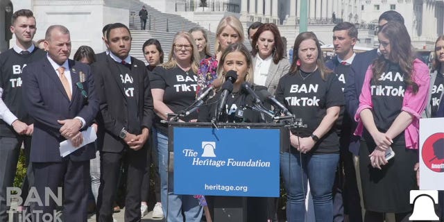 The Heritage Foundation's Kara Frederick speaks during a press conference calling on Congress to ban TikTok.