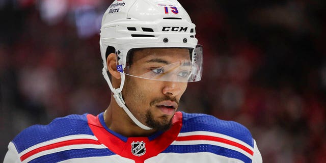 New York Rangers defenseman K'Andre Miller, #79, looks on during the second period at Little Caesars Arena in Detroit Feb. 23, 2023.