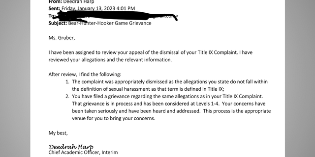 Chief Academic Officer Deedrah Harp tells Laura María Gruber that her Title IX Complaint had been dismissed. 