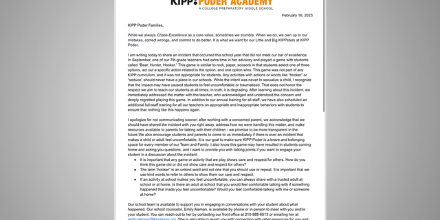 KIPP Poder Academy sends a letter to parents on February 16, 2023, nearly six months after the incident.
