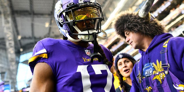 KJ Osborn, number 17 of the Minnesota Vikings, looks on before a game against the New York Giants in the NFC Wild Card playoff game at US Bank Stadium on January 15, 2023 in Minneapolis.