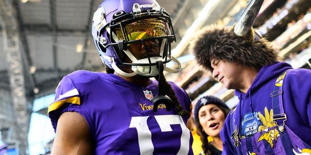 KJ Osborn, number 17 of the Minnesota Vikings, looks on before a game against the New York Giants in the NFC Wild Card playoff game at US Bank Stadium on January 15, 2023 in Minneapolis.