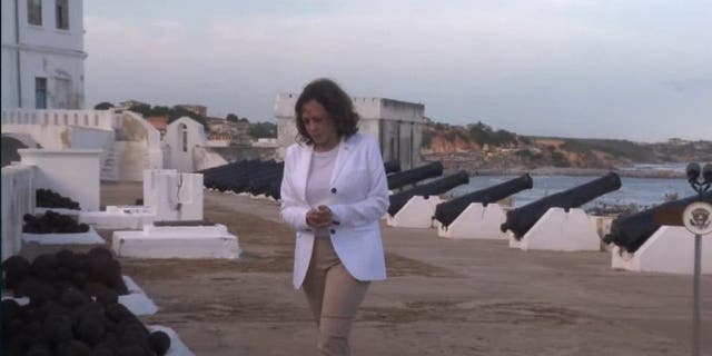 Vice President Kamala Harris speaking at Cape Coast, Ghana.