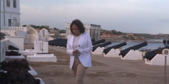Vice President Kamala Harris speaking at Cape Coast, Ghana.