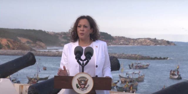 Vice President Kamala Harris speaking at Cape Coast, Ghana.