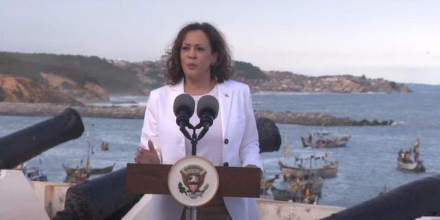 Vice President Kamala Harris speaking at Cape Coast, Ghana.