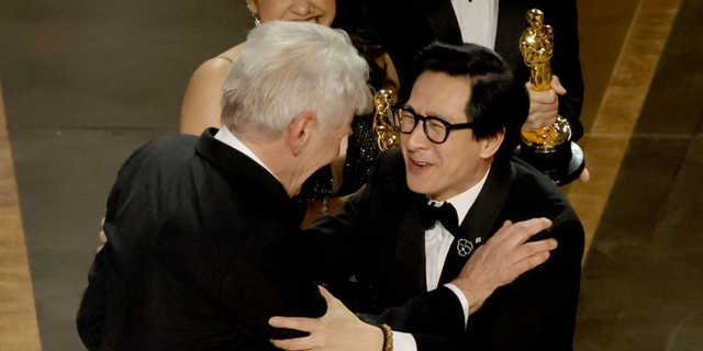 Ke Huy Quan and Harrison Ford reunited on stage at the Oscars. Both had starred together in "Indiana Jones and the Temple of Doom."