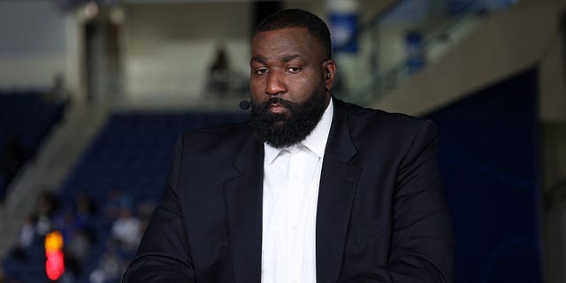 ESPN analyst Kendrick Perkins reports on the 2022 NBA Draft Combine May 18, 2022, at Wintrust Arena in Chicago.