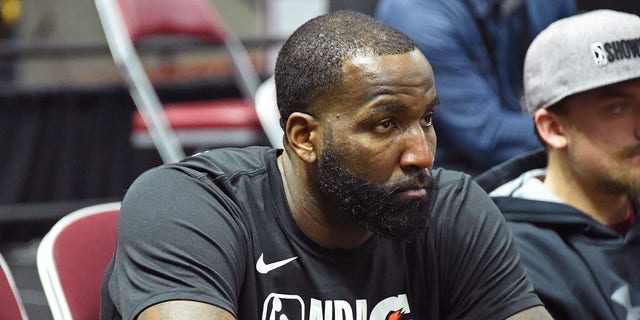 Kendrick Perkins of the Canton Charge sits on the bench during an NBA G-League game against the Northern Arizona Suns Jan. 12, 2018, at the Hershey Centre in Mississauga, Ontario Canada.