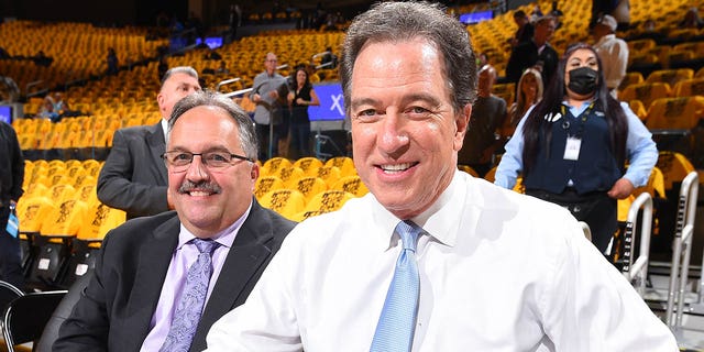 TNT analysts Stan Van Gundy and Kevin Harlan take a look at Game 1 of the 2022 NBA Conference Finals Western Conference Playoffs on May 18, 2022 at the Chase Center in San Francisco.