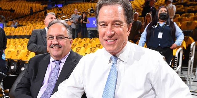 TNT Analysts Stan Van Gundy and Kevin Harlan look on during Game 1 of the 2022 NBA Playoffs Western Conference Finals on May 18, 2022 at Chase Center in San Francisco.