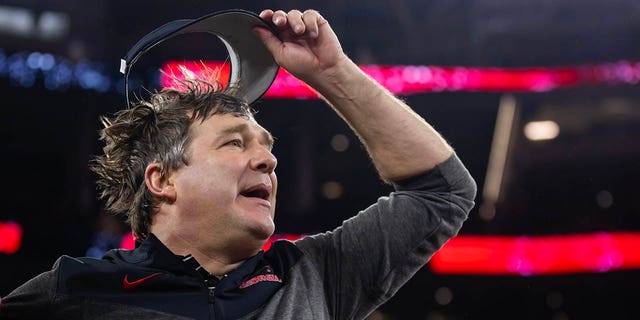 Georgia Bulldogs head coach Kirby Smart celebrates after defeating the TCU Horned Frogs during the CFP national championship game at SoFi Stadium in Inglewood, California, Jan. 9, 2023.