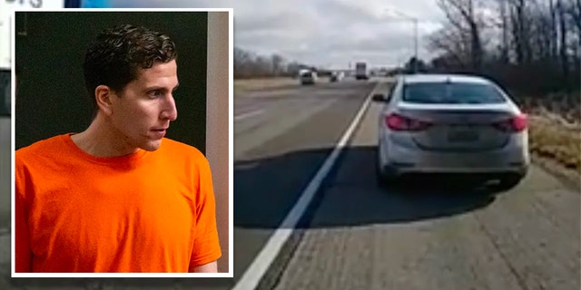 Bryan Kohberger's white 2015 Hyundai Elantra on the side of a road in Indiana during a traffic stop in December. Inset: Bryan Kohberger arrives in court in Idaho.