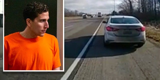 Bryan Kohberger's white 2015 Hyundai Elantra on the side of a road in Indiana during a traffic stop in December. Inset: Bryan Kohberger arrives in court in Idaho.