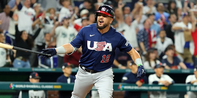 Kyle Schwarber of Team USA reacts after hitting a solo home run in the eighth inning against Team Japan during the World Baseball Classic championship at loanDepot Park March 21, 2023, in Miami, Fla.