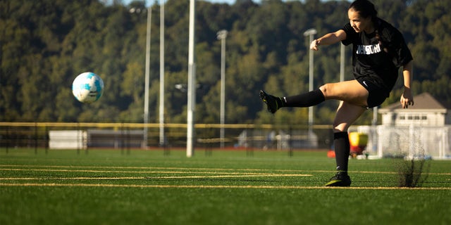 For West Virginia State University soccer player Lainey Armistead is shown on the field. The West Virginia law, she said, designates a safe and fair playing field for women — "women who have been fighting so long for equality in sports."